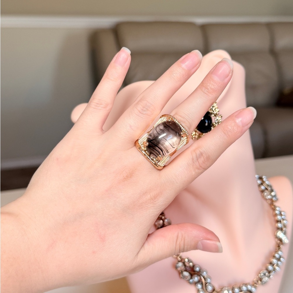 Gold Wide Band Ring with Smoky Gray Cabochon - Picture 7 of 8